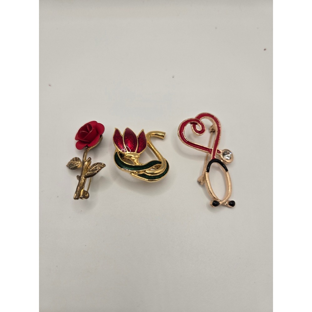 Vintage Enamel Brooch Pin Lot Red Rose Tulip Stethoscope Heart Gold Tone 3pc Set